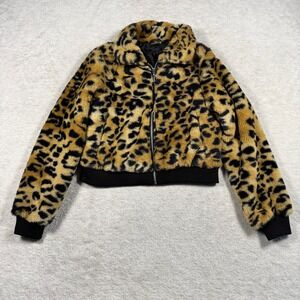 No Boundaries Jacket Womens S 3-5 Brown Leopard Faux Fur Bomber Zip Up Cropped